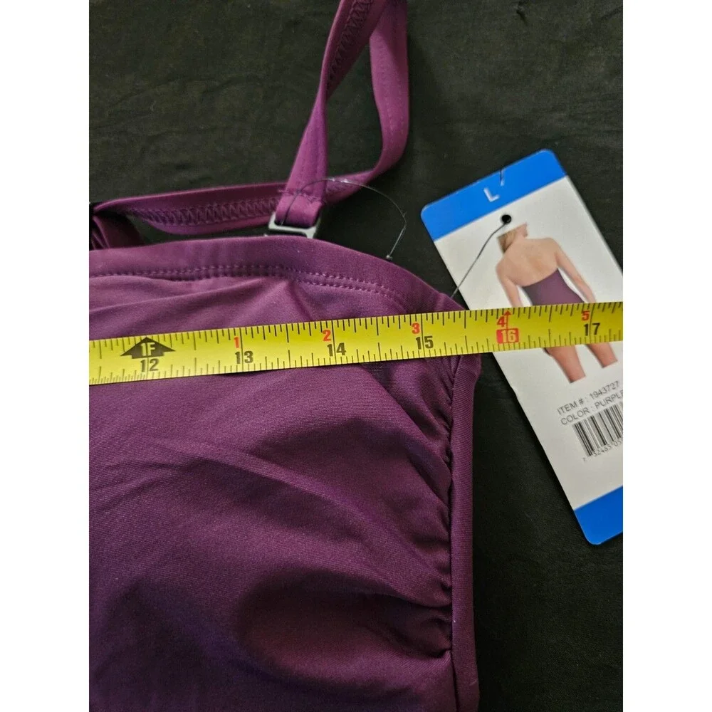 DKNY PURPLE RUCHED ONE PIECE SWIMSUIT REMOVABLE STRAP SZ L NWT - Picture 3 of 10